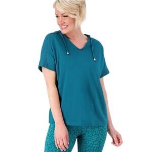 SPORT SAVVY QVC French Terry Hooded Short Sleeve Pullover Top Spruce NWOT XS